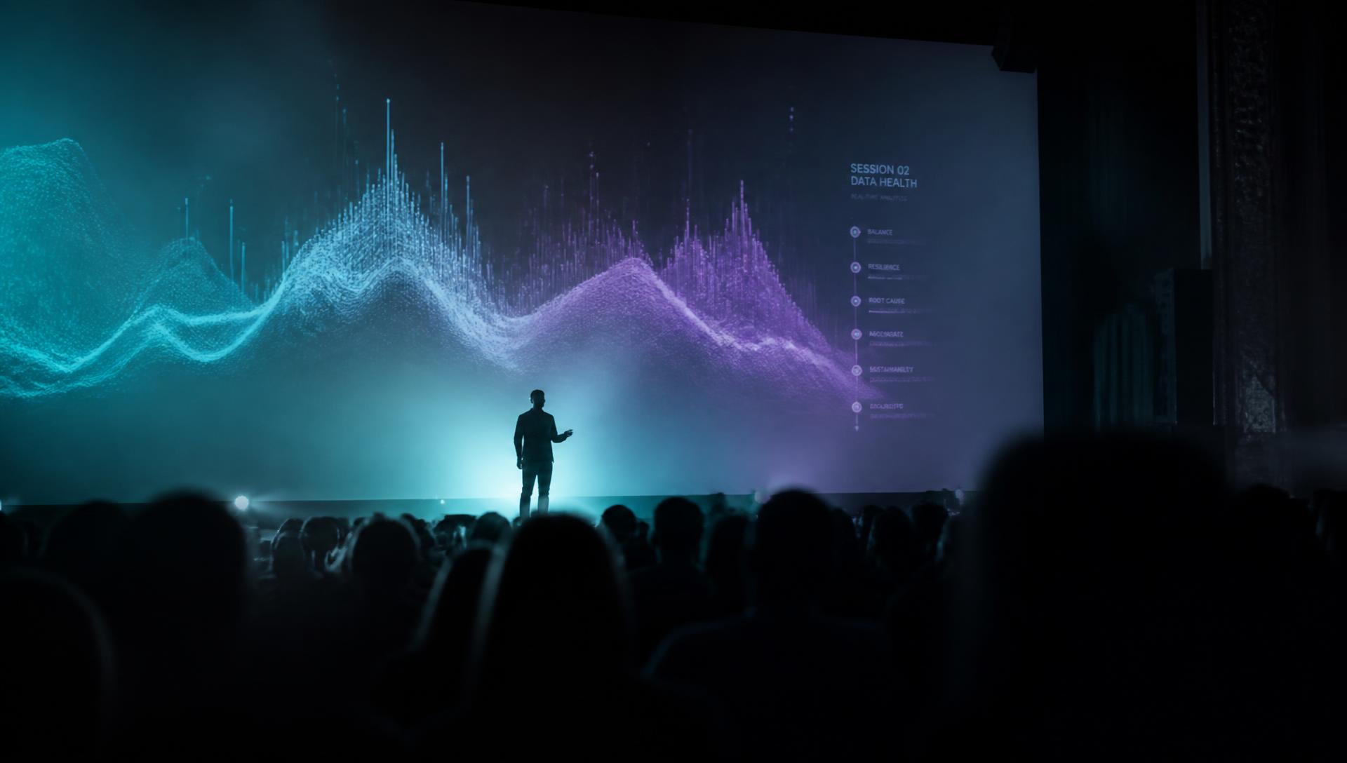 A speaker on a darkened stage in front of a glowing data visualisation